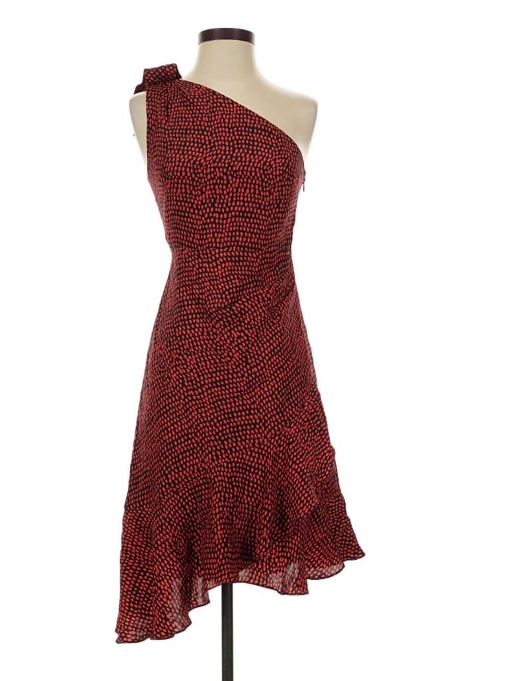 Club Monaco 100% Silk One Shoulder Ruffle Midi Dress Red/Navy Size 8